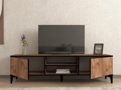 Mobile Porta tv Marrone Rovere Nero Antracite un Ripiano Un'anta 150x30x50h cm, 4 Vani - Tinnura