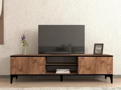 Mobile Porta tv Marrone Rovere Nero Antracite un Ripiano Un'anta 150x30x50h cm, 4 Vani - Tinnura