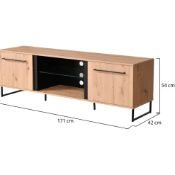 Mobile Porta tv Marrone Rovere Nodi Nero 2 Ripiani Un'anta 138x40x46h cm, Ripiano in Vetro - Kagale