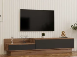 Mobile Porta tv Nero Antracite Marrone Rovere 2 Ante Apertura a Ribalta 160x35x35h cm, 2 Vani - Persico