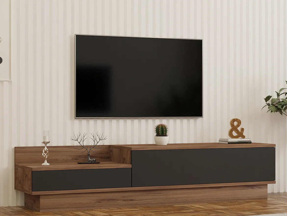Mobile Porta tv Nero Antracite Marrone Rovere 2 Ante Apertura a Ribalta 160x35x35h cm, 2 Vani - Persico
