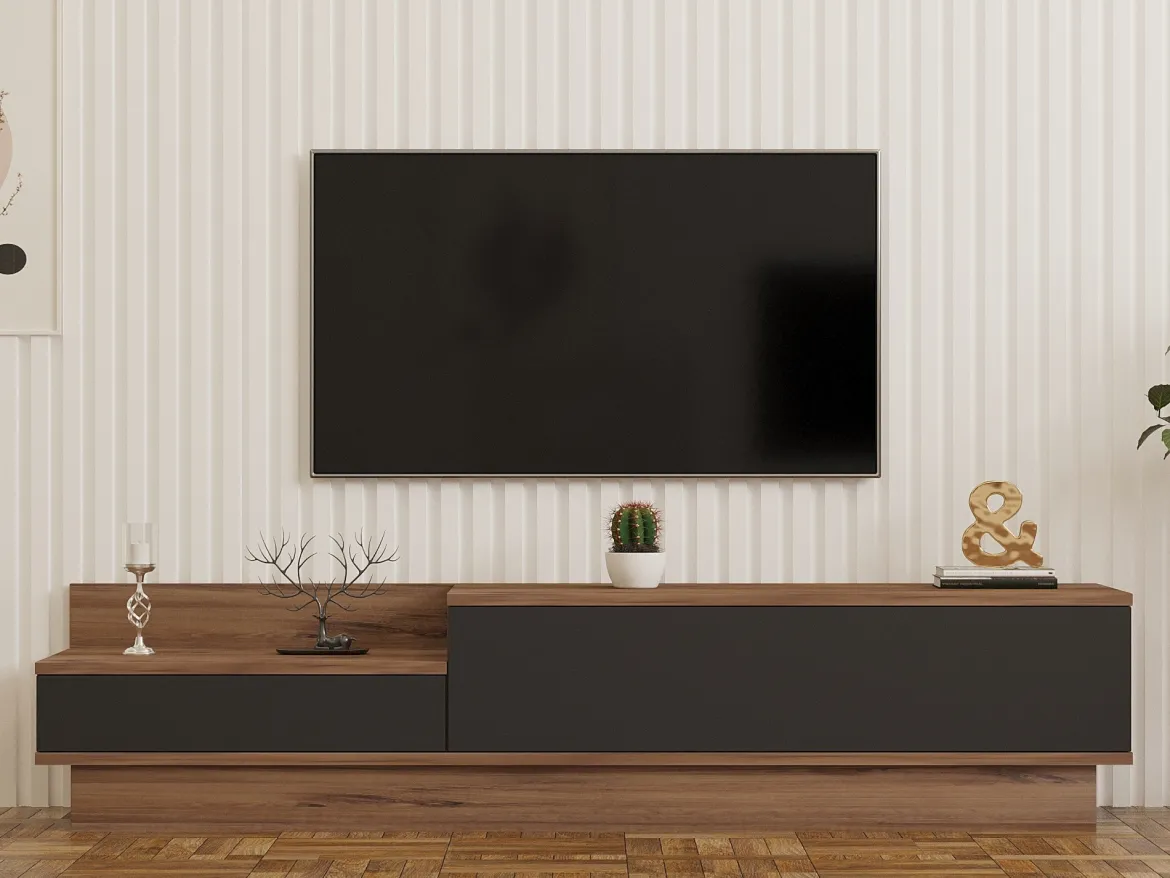 Mobile Porta tv Nero Antracite Marrone Rovere 2 Ante Apertura a Ribalta 160x35x35h cm, 2 Vani - Persico