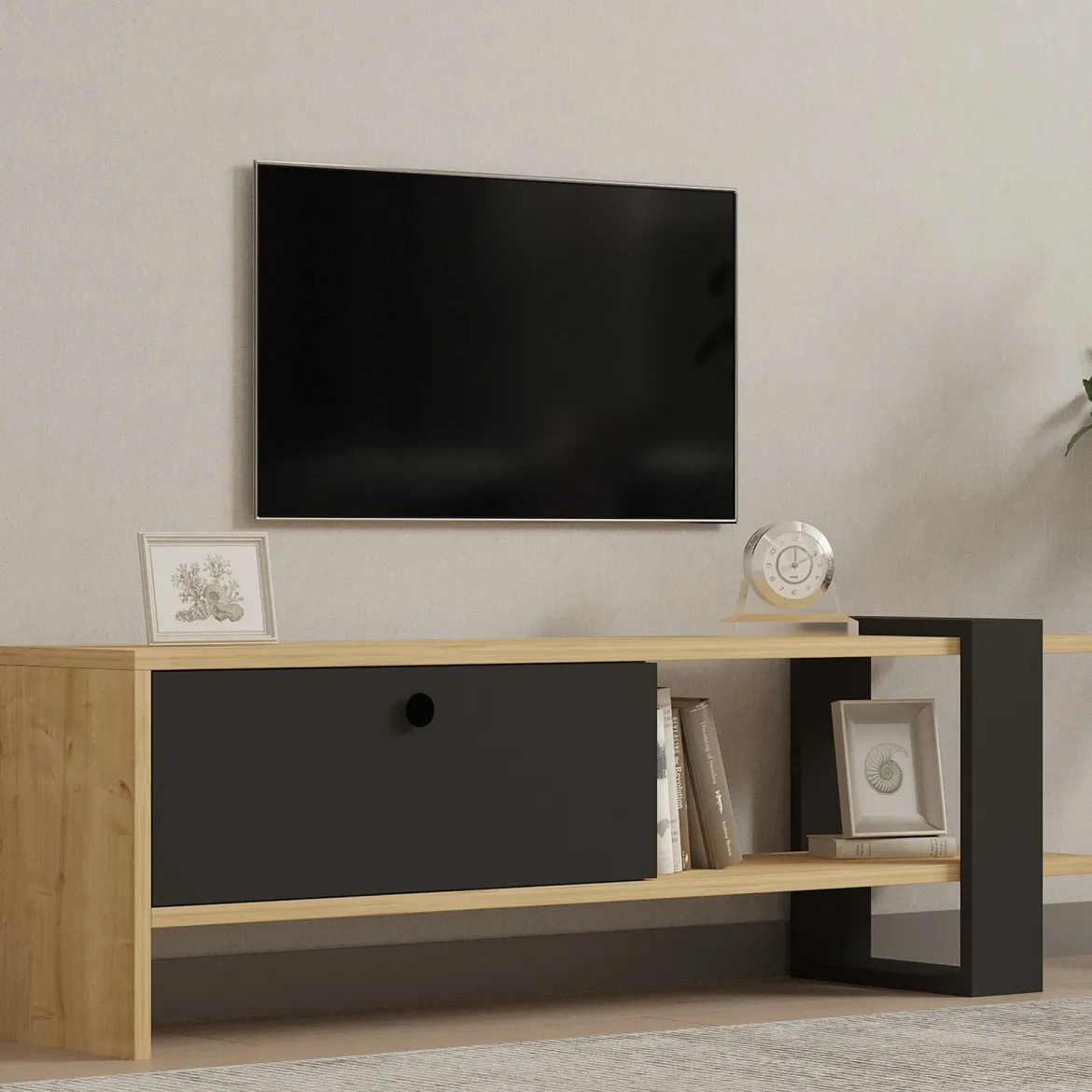 Mobile Porta tv Nero Antracite Marrone Rovere un Ripiano 2 Ante 160x30x37h cm, 4 Vani - Tribano