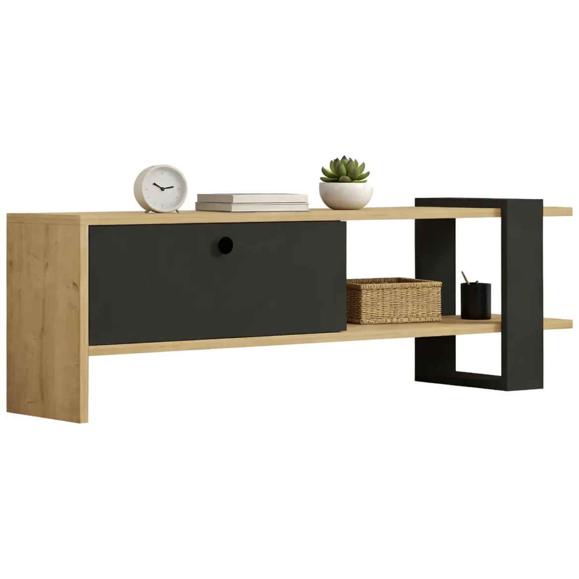 Mobile Porta tv Nero Antracite Marrone Rovere un Ripiano 2 Ante 160x30x37h cm, 4 Vani - Tribano