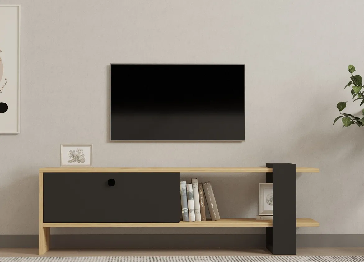 Mobile Porta tv Nero Antracite Marrone Rovere un Ripiano 2 Ante 160x30x37h cm, 4 Vani - Tribano