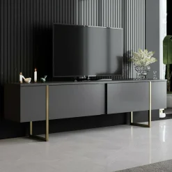 Mobile Porta tv Nero Antracite un Ripiano Apertura Battente, a Ribalta 192x37x53h cm, 3 Ante - Trasacco