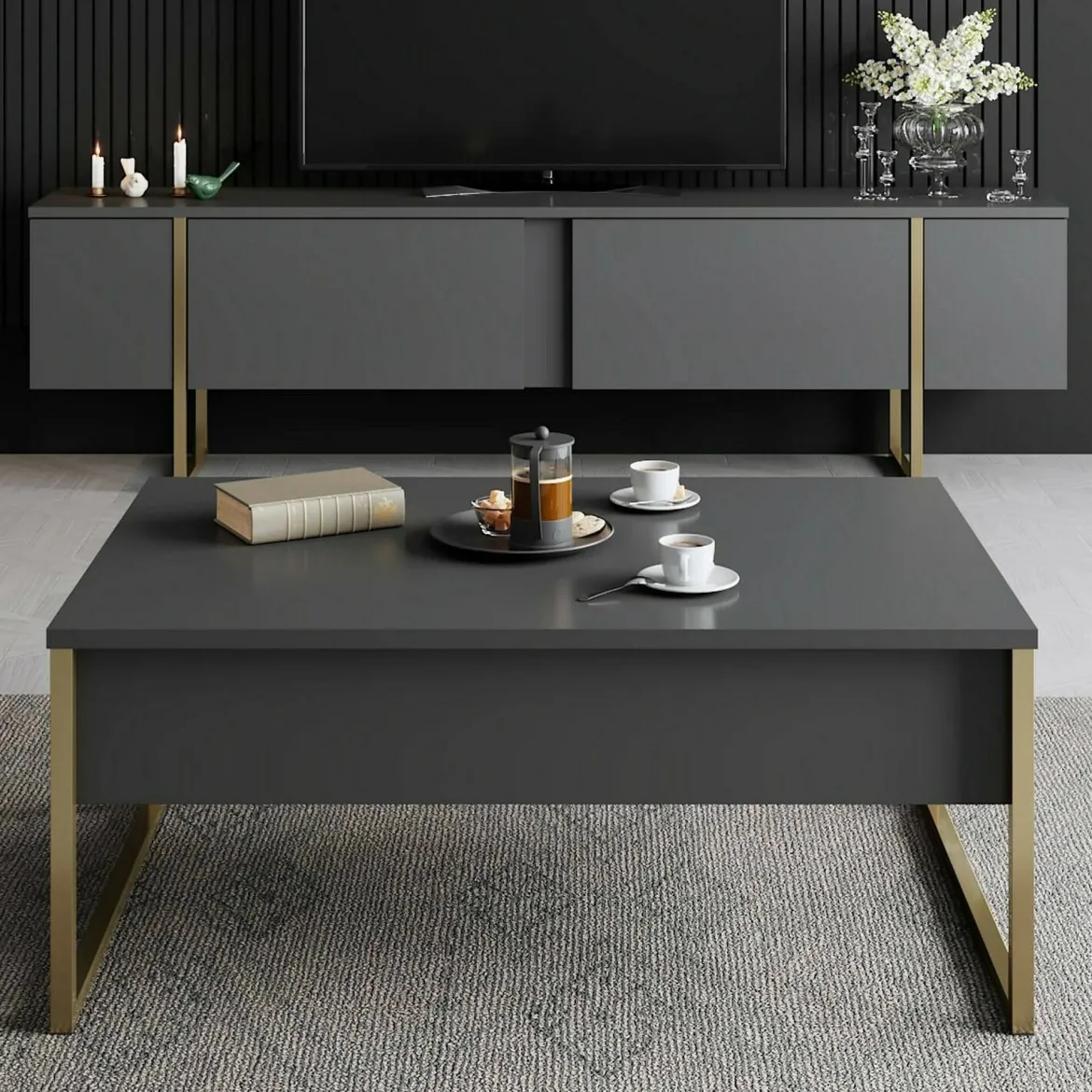 Mobile Porta tv Nero Antracite oro Cassetti un Ripiano 180x30x50h cm, 2 Ante - Abishia