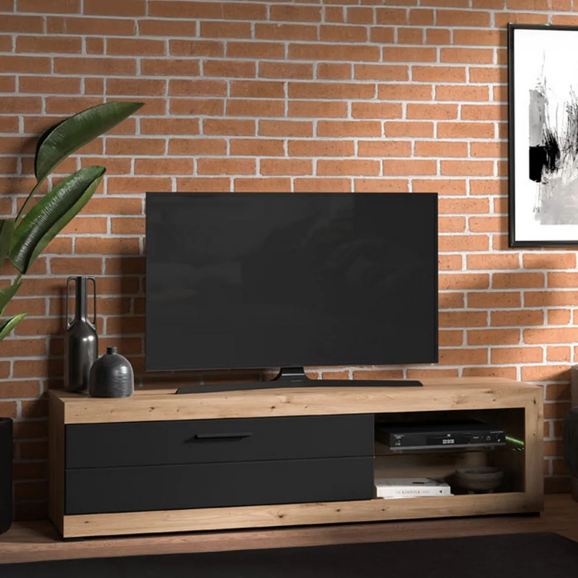 Mobile Porta tv Nero Marrone Rovere Nodi 2 Ripiani Un'anta 162x41.5x43.5h cm, Ripiano in Vetro - Pompu