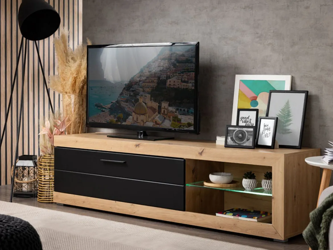 Mobile Porta tv Nero Marrone Rovere Nodi 2 Ripiani Un'anta 162x41.5x43.5h cm, Ripiano in Vetro - Pompu