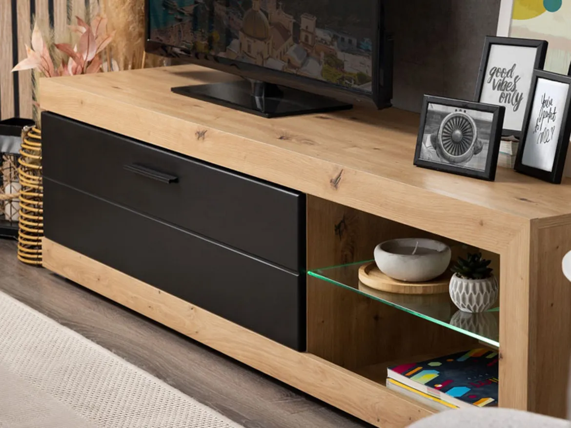 Mobile Porta tv Nero Marrone Rovere Nodi 2 Ripiani Un'anta 162x41.5x43.5h cm, Ripiano in Vetro - Pompu