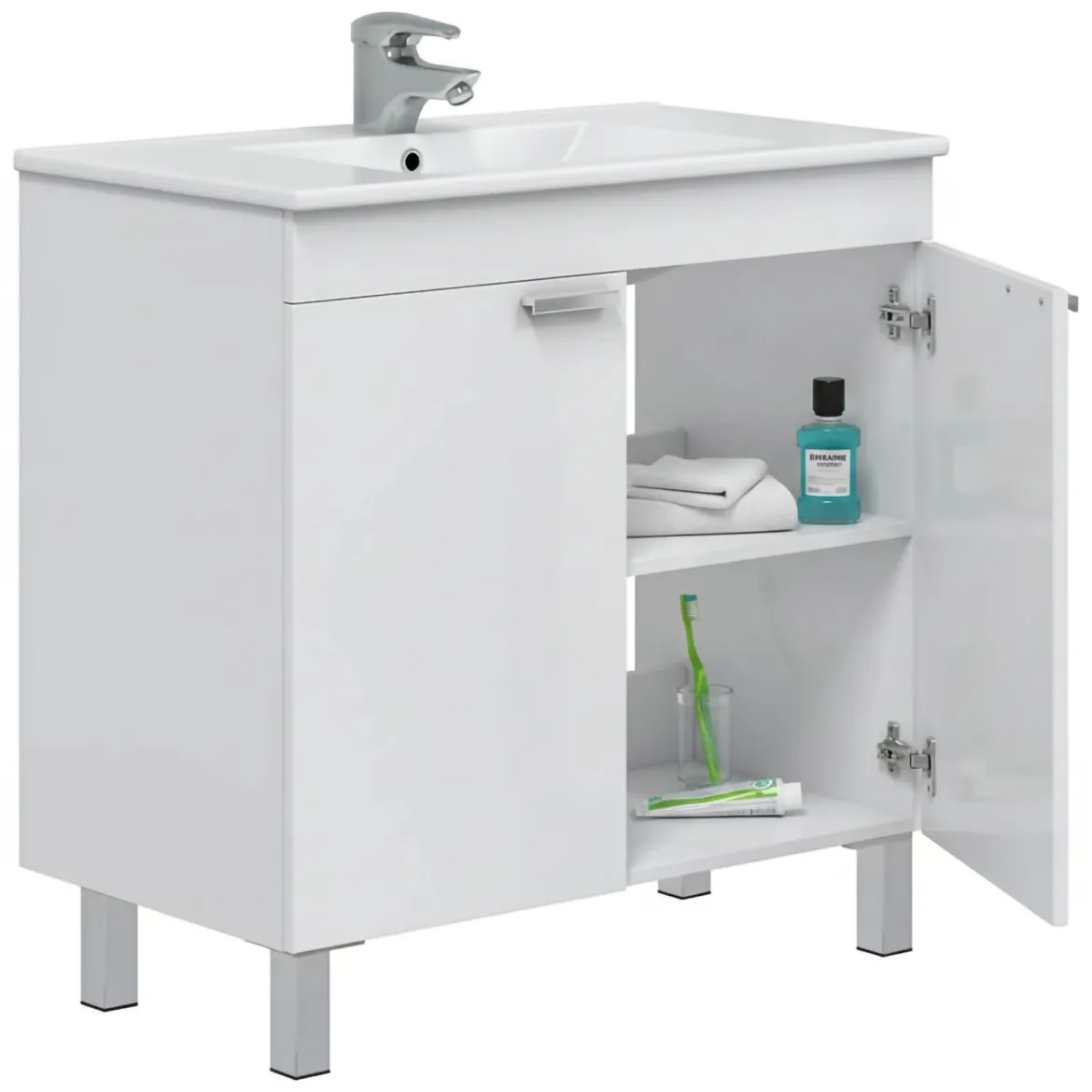 Mobile Sottolavabo Bianco Lucido 2 Ante Apertura Battente 80x45x80h cm, Piedini Alluminio - Massiola