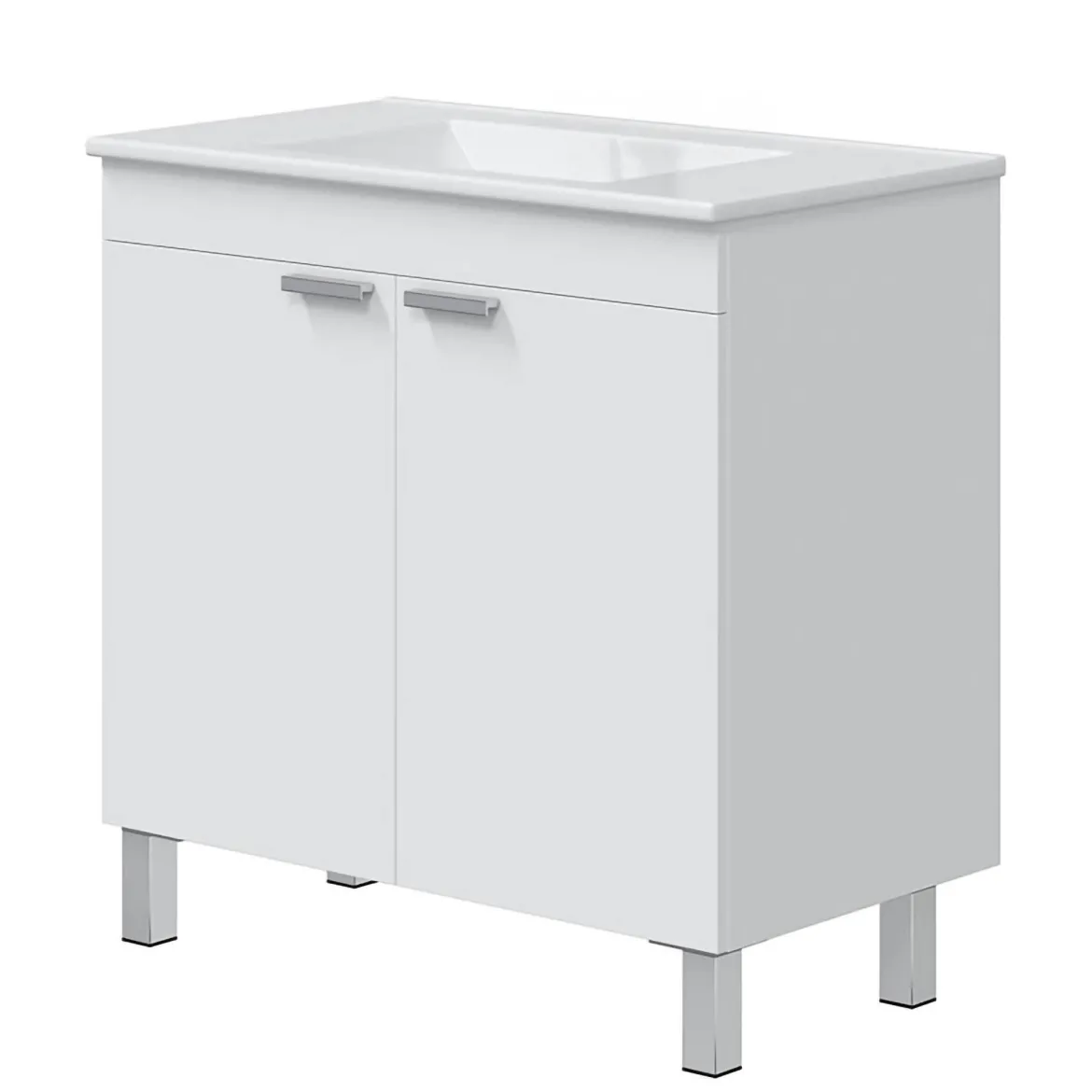 Mobile Sottolavabo Bianco Lucido 2 Ante Apertura Battente 80x45x80h cm, Piedini Alluminio - Massiola