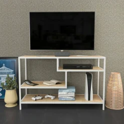 Mobile TV bianco e rovere 130x40x36h cm 2 ante - Ahuri