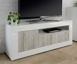 Mobile TV bianco lucido e acacia 184x42x58h cm in legno - Arkangel