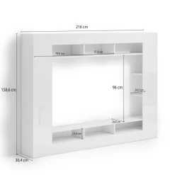 Parete Attrezzata Bianco Lucido 7 Ripiani Cassetti 216x30.4x158.6h cm, - Sadali