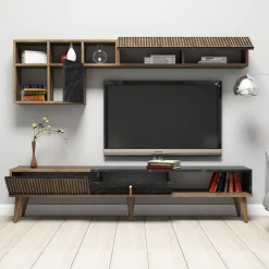 Parete Attrezzata Marrone Noce Nero Marmo Modulabile 9 Ripiani, 7 Vani - Casaluce