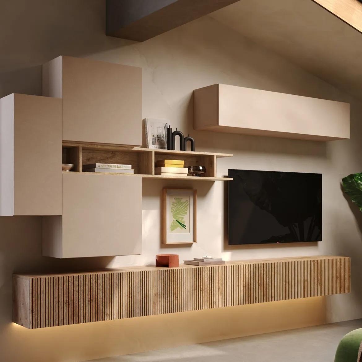 Parete Attrezzata Marrone Pero Bianco Crema Modulabile un Ripiano, set Componibile Made in Italy - Narcao