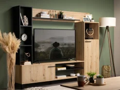 Parete Attrezzata Marrone Rovere Nodi Nero 8 Ripiani Modulabile 263x40x167h cm, 7 Vani - Petrona