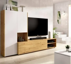 Parete attrezzata modulabile 230cm bianca lucida e rovere - Fortuna
