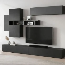 Parete salotto in legno e metallo 276cm bianca lucida e rovere - Barumini