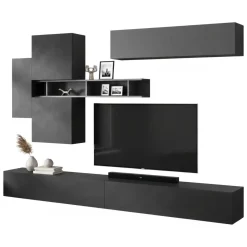 Parete salotto in legno e metallo 276cm bianca lucida e rovere - Barumini