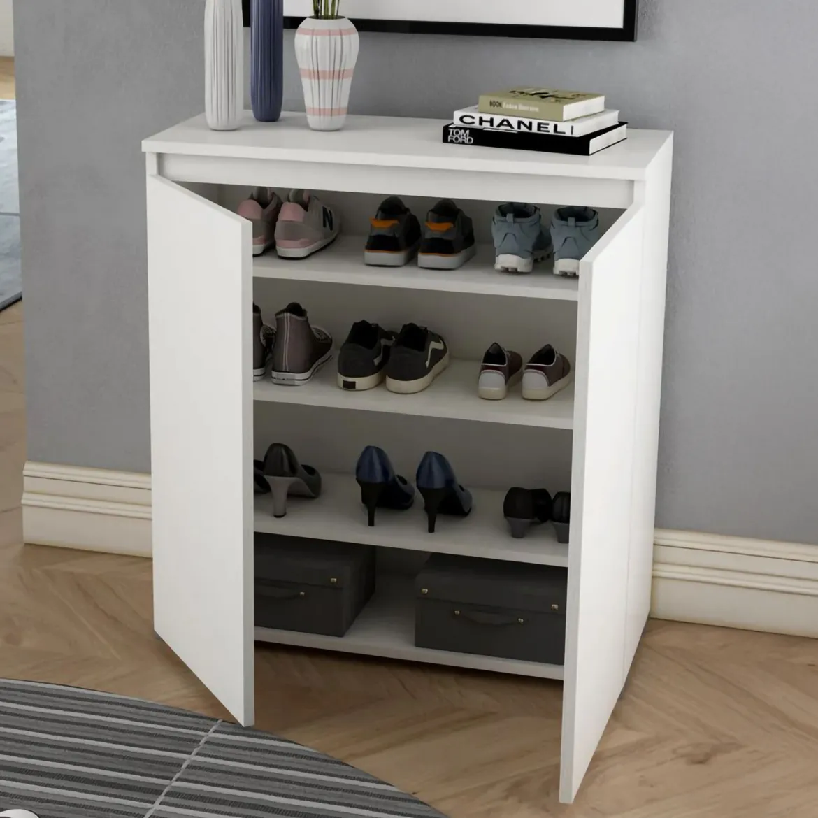 Scarpiera Grigio Chiaro 3 Ripiani 2 Ante 80x37x102h cm, Gola per Apertura Ante Made in Italy - Astrina