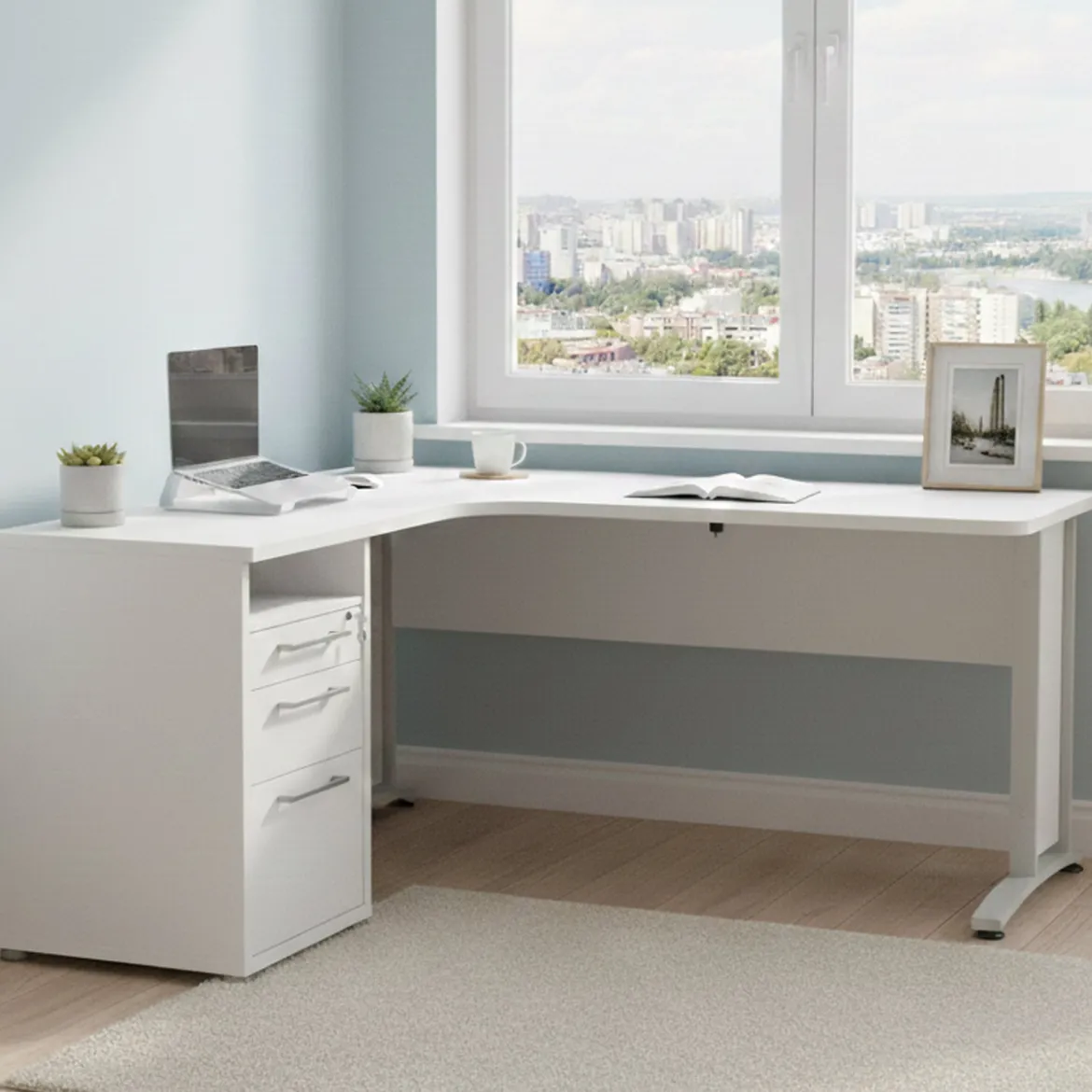Scrivania angolare bianca 180x90cm con 3 cassetti - Leonilda