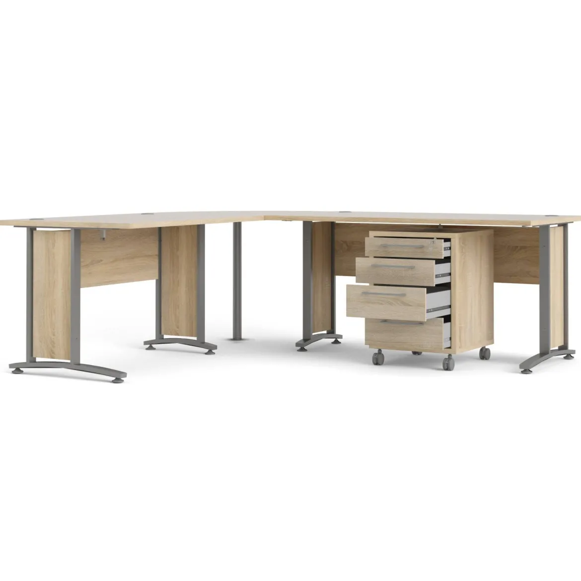 Scrivania angolare grigia e quercia 230x200cm con 4 cassetti - Megh