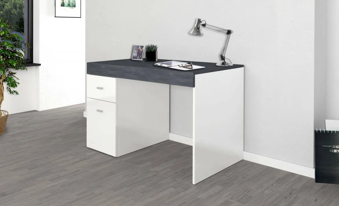 Scrivania lineare bianca lucida e ardesia 110x50cm con supporto pc - Antioco