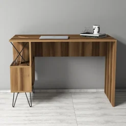 Scrivania Marrone Rovere Scuro Nero Angolare 3 Ripiani 137.5x101.5x75h cm, 3 Cassetti - Sapri