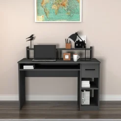 Scrivania Nero Antracite 6 Ripiani Un'anta 120x55x74h cm, 7 Vani - Donnas