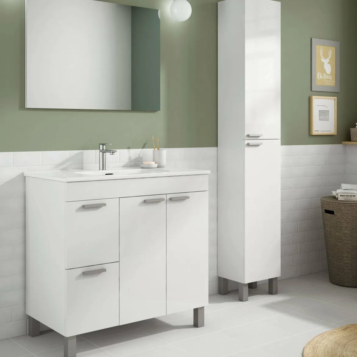Set Mobili Bagno Bianco Lucido Specchio Incluso 2 Cassetti, 3 Ripiani - Trecase