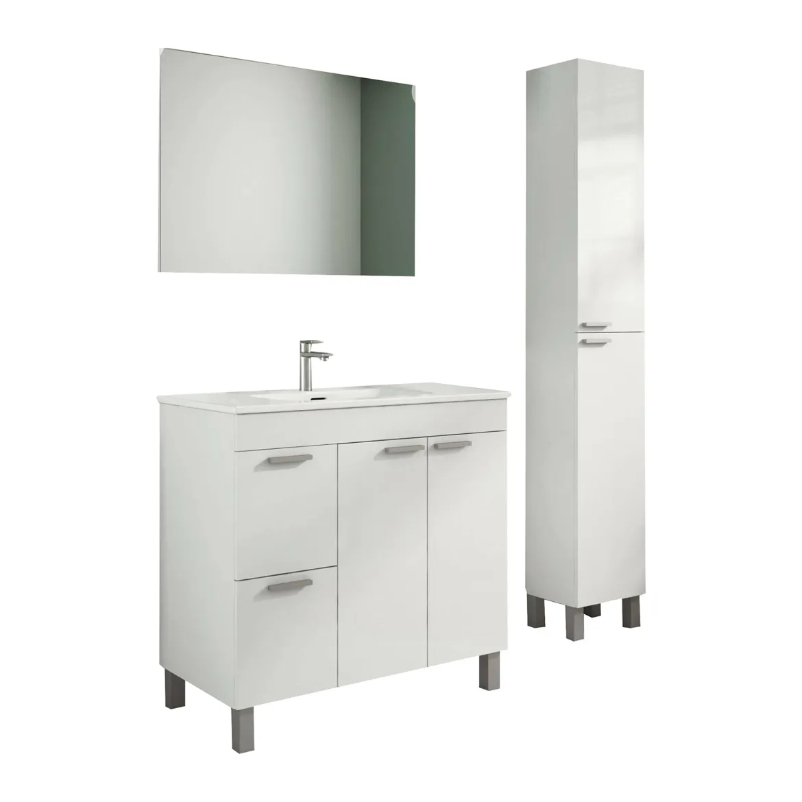 Set Mobili Bagno Bianco Lucido Specchio Incluso 2 Cassetti, 3 Ripiani - Trecase