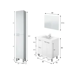 Set Mobili Bagno Bianco Lucido Specchio Incluso 2 Cassetti, 3 Ripiani - Trecase