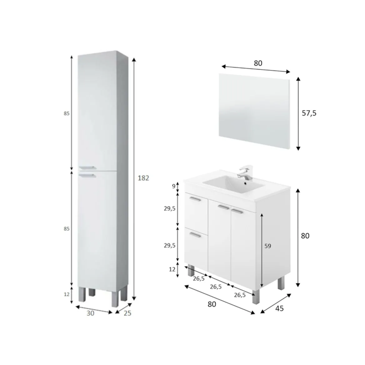 Set Mobili Bagno Bianco Lucido Specchio Incluso 2 Cassetti, 3 Ripiani - Trecase
