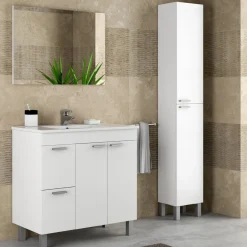 Set Mobili Bagno Bianco Lucido Specchio Incluso 2 Cassetti, 3 Ripiani - Trecase