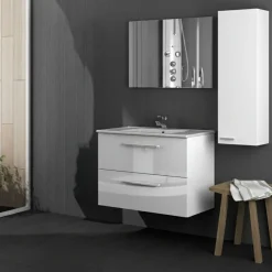 Set Mobili Bagno Bianco Lucido Specchio Incluso 2 Ripiani, 2 Ante - Casarano