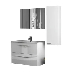 Set Mobili Bagno Bianco Lucido Specchio Incluso 2 Ripiani, 2 Ante - Casarano