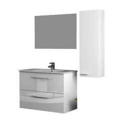 Set Mobili Bagno Bianco Lucido Specchio Incluso 2 Ripiani, 2 Ante - Casarano