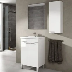 Set Mobili Bagno Bianco Lucido Specchio Incluso 2 Ripiani, 3 Ante - Mamoiada