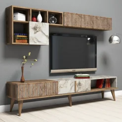 Set Mobili da Soggiorno Marrone Noce Bianco Marmo Modulabile 9 Ripiani, 2 Ante - Ollomont