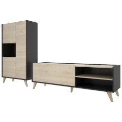 Set Mobili da Soggiorno Marrone Rovere Nero Antracite Cassetti Modulabile, 5 Ripiani - Tuscola