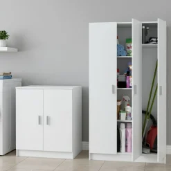 Set Mobili per Lavanderia Bianco Nero 2 Ripiani 3 Vani, Apertura Battente - Schianno