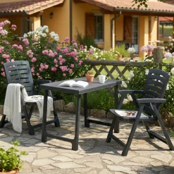 Set Salotto da Esterno Nero Antracite 4 Posti Tavolo Tavolo Allungabile, Finitura Effetto Doghe Made in Italy - Masisa