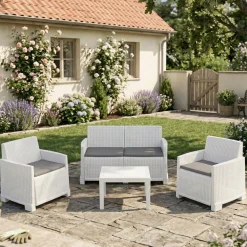 Set salotto giardino 4 posti e 1 tavolo effetto rattan marrone - Gazania