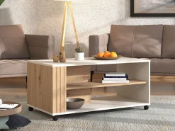 Tavolino da Salotto Beige Marrone Rovere Nodi con Ruote 2 Vani 101x54.5x46h cm, Forma Rettangolare - Dosso