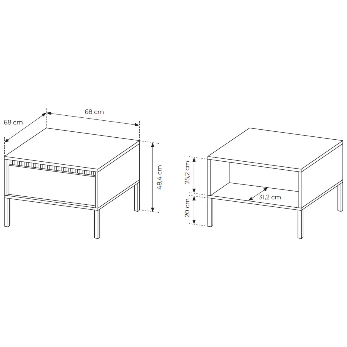 Tavolino da Salotto Beige un Cassetto con Piedini 68x48x68h cm, Forma Quadrato - Kasinela