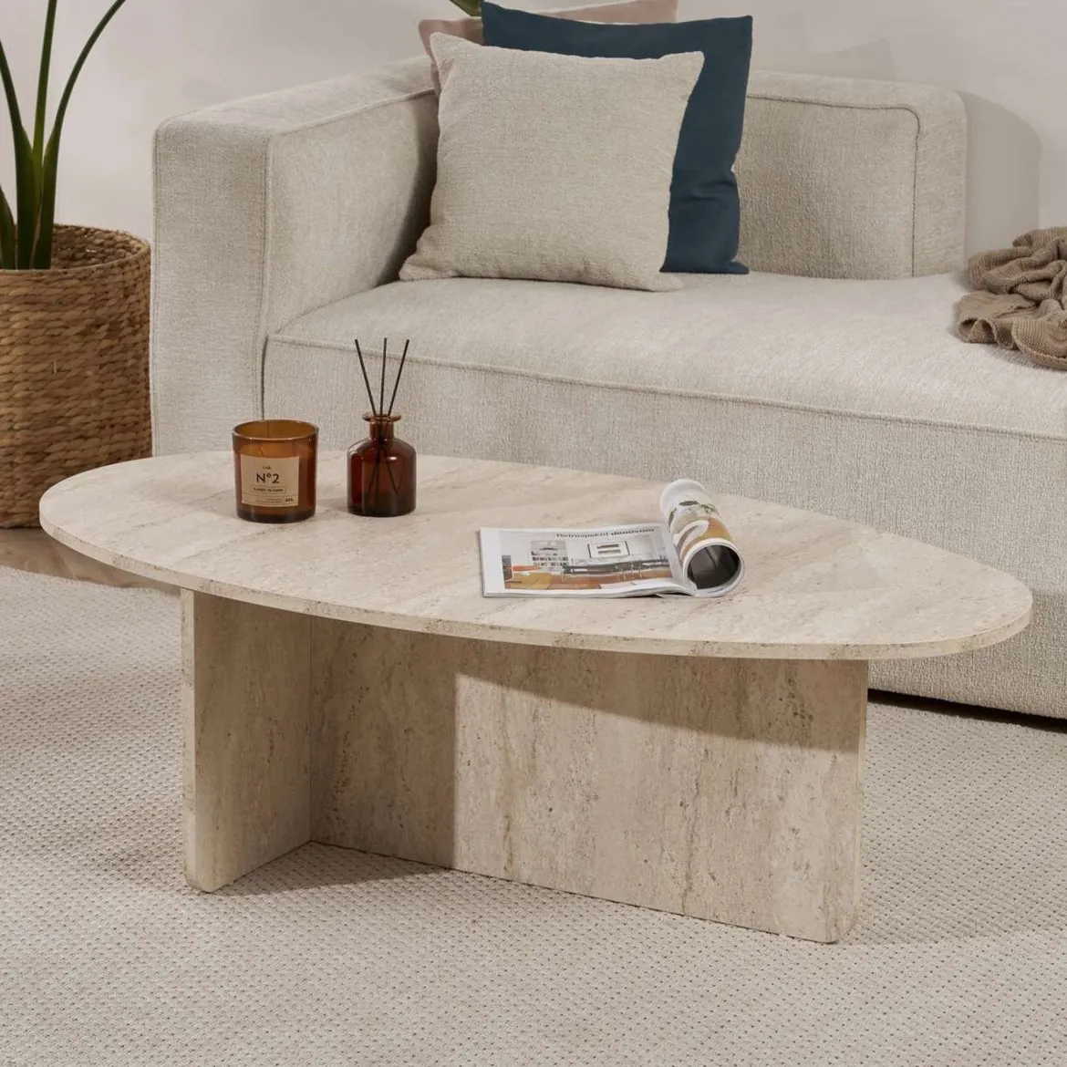 Tavolino da Salotto Bianco Marmo Forma Ovale Materiale Piano in Legno Nobilitato 120x65x40h cm, Colore Ripiano Bianco - Parona