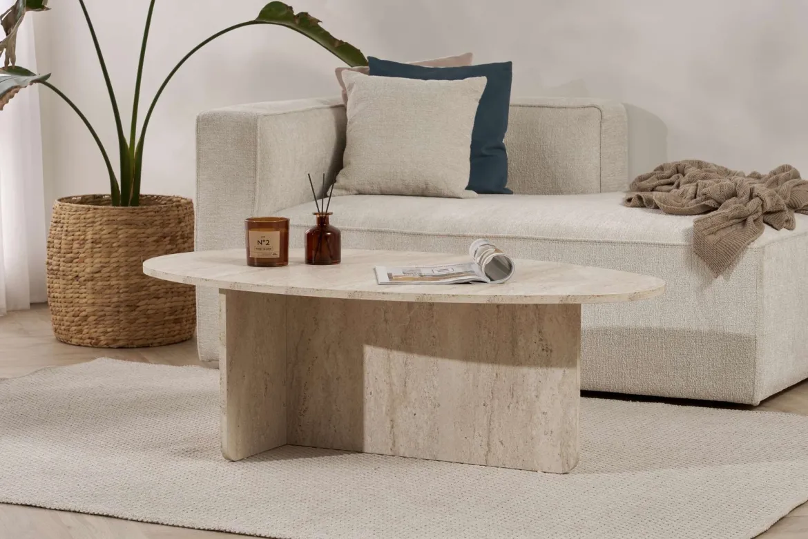 Tavolino da Salotto Bianco Marmo Forma Ovale Materiale Piano in Legno Nobilitato 120x65x40h cm, Colore Ripiano Bianco - Parona