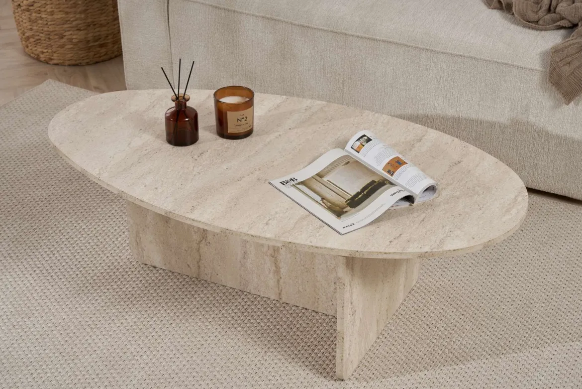 Tavolino da Salotto Bianco Marmo Forma Ovale Materiale Piano in Legno Nobilitato 120x65x40h cm, Colore Ripiano Bianco - Parona